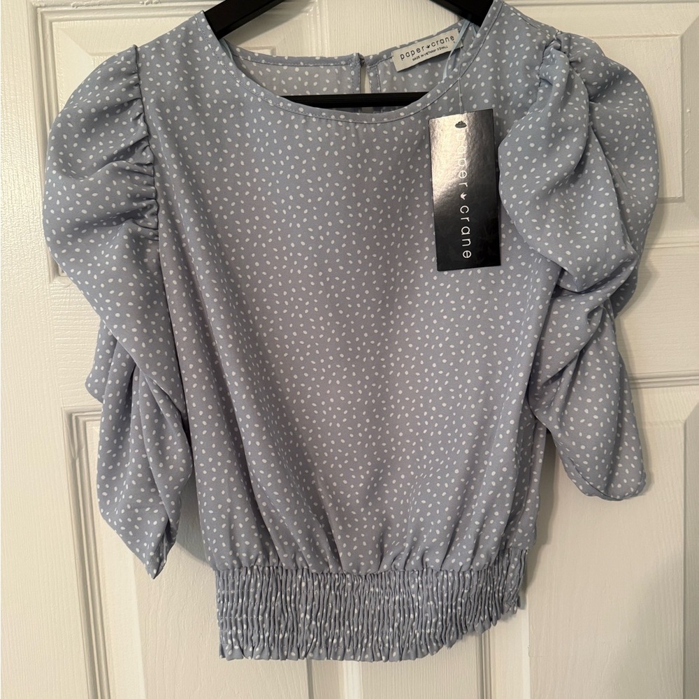 Paper Crane Blue Puff Sleeve Ruffled Blouse
